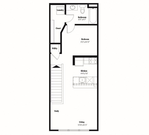 Floor plan for 1 bed, 1 bath, 623 sqft